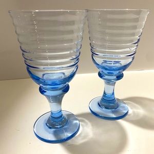 2 Libbey Sirrus Light Blue Ribbed Stemmed Goblets Wine Glasses Vintage 1980s